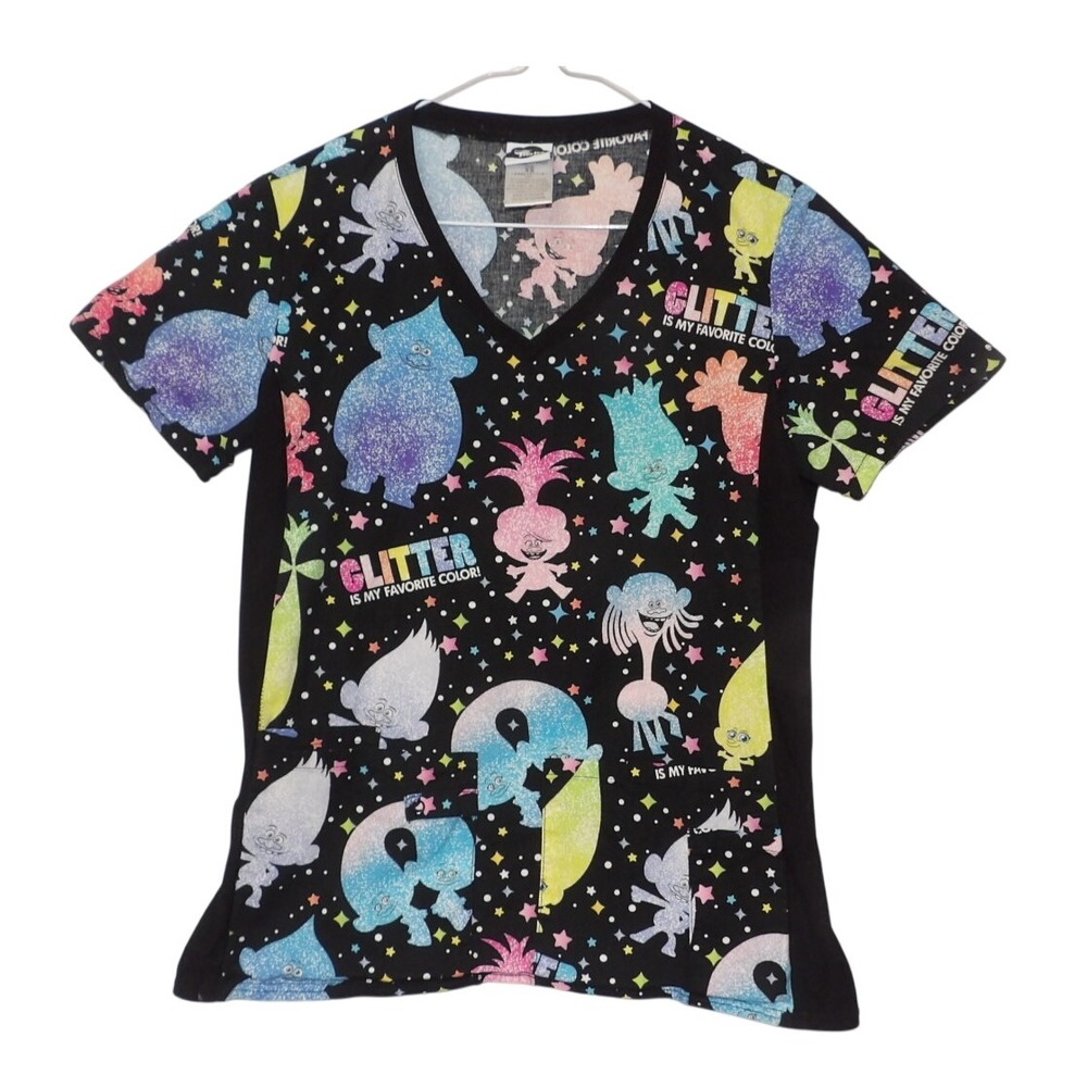 Trolls Glitter is My Favorite Color Black Print Scrub Top XS